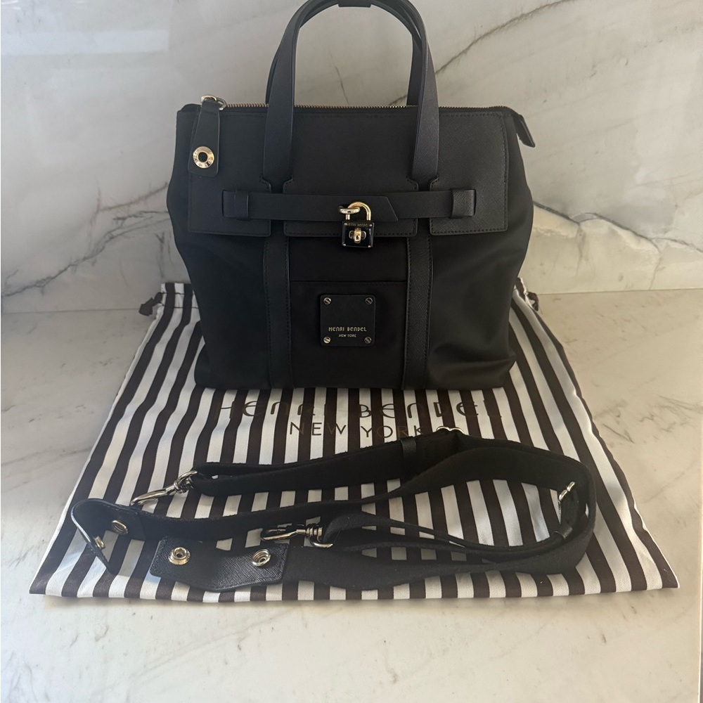 Henry Bendel Black Leather Satchel with Detachable Strap and Gold Hardware
